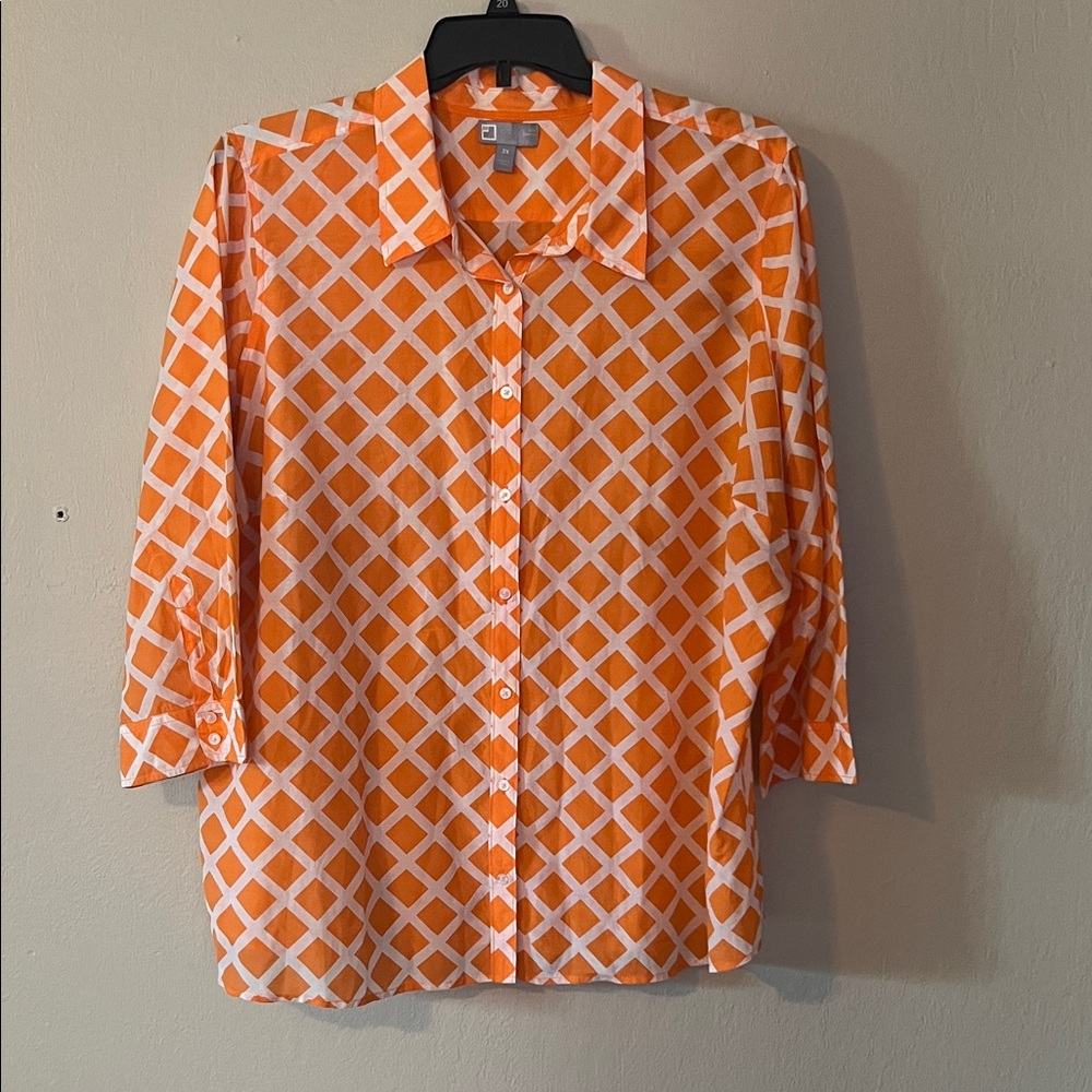 JCPenney Orange Geometric Women's Button Down Shirt , Silk/Cotton Blend size 3X